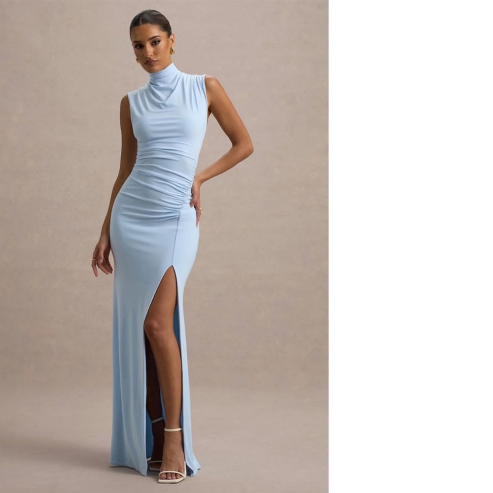 NEVER BEEN WORN! Club London LANETTA Blue Ruched High-Neck Maxi Dress With Split